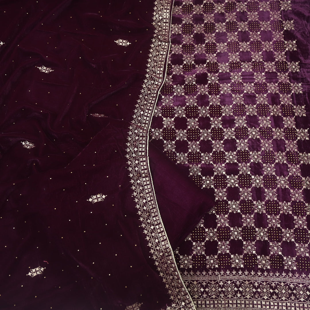 Jheel Dark Purple Swarovski Work with Zari Waved Velvet Suit Set