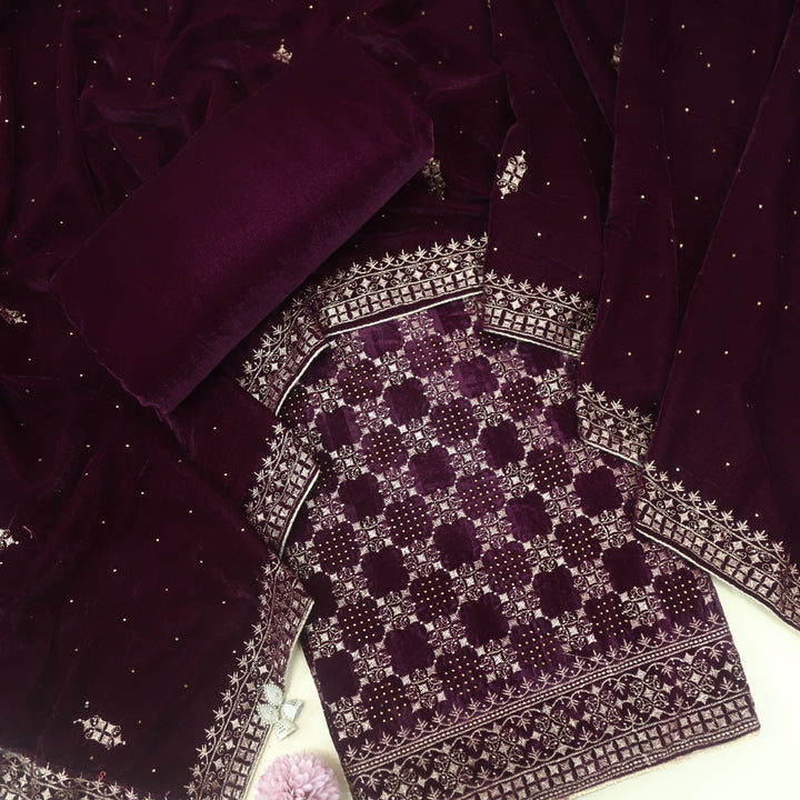 Jheel Dark Purple Swarovski Work with Zari Waved Velvet Suit Set