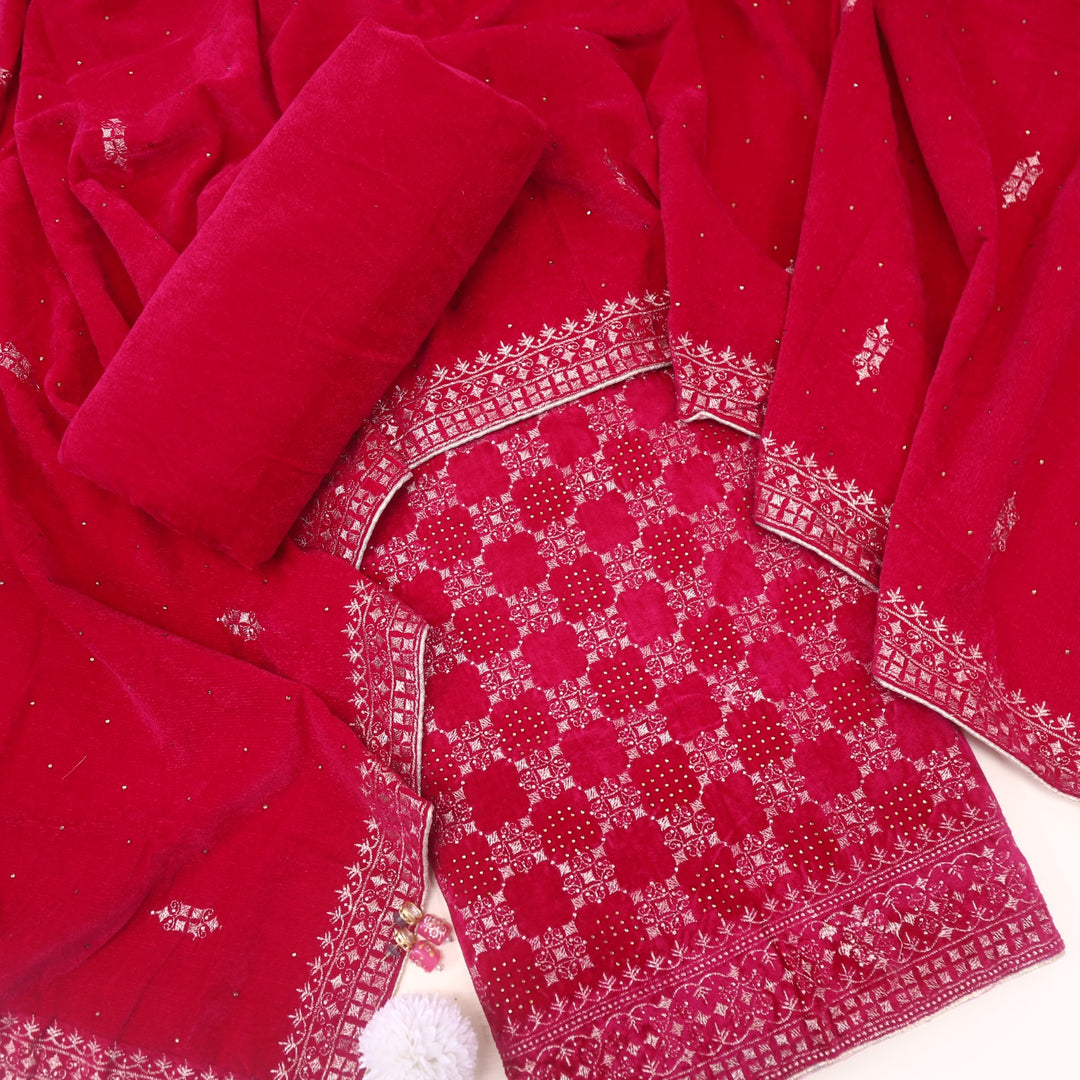 Jheel Rani Pink Swarovski Work with Zari Waved Velvet Suit Set