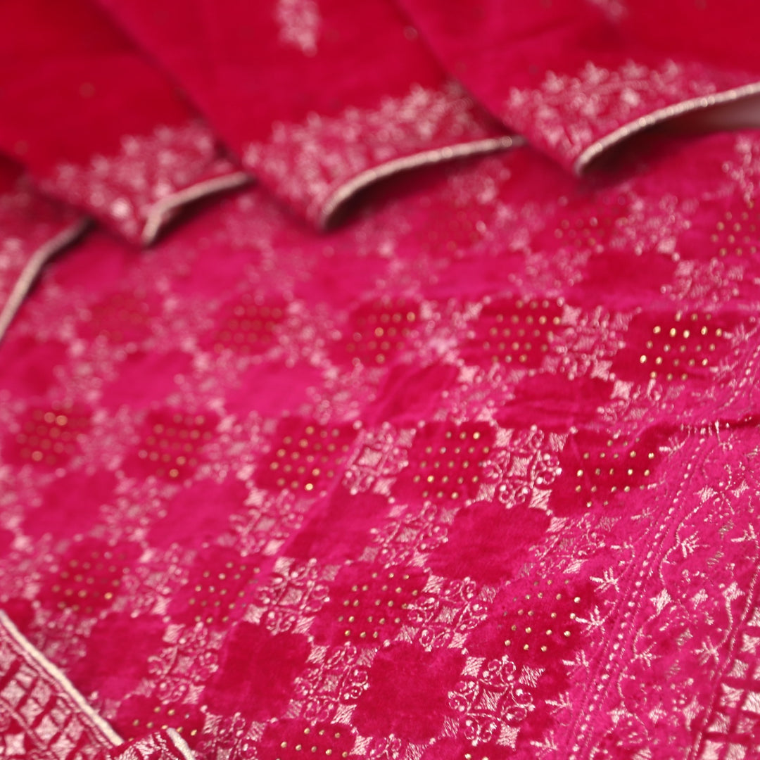 Jheel Rani Pink Swarovski Work with Zari Waved Velvet Suit Set