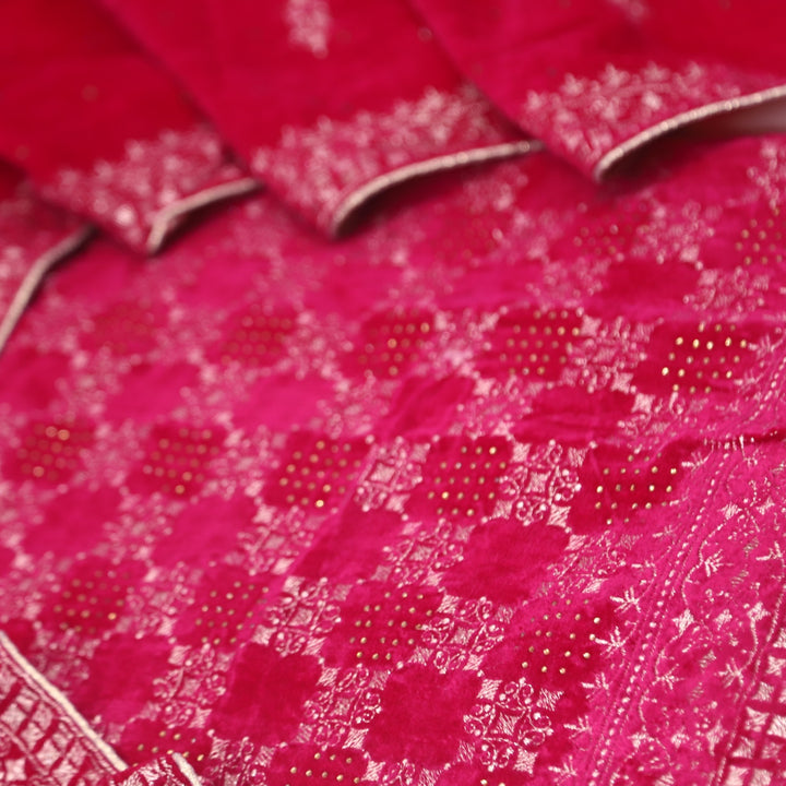 Jheel Rani Pink Swarovski Work with Zari Waved Velvet Suit Set