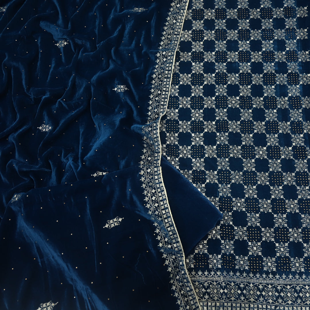 Jheel Royal Blue Swarovski Work with Zari Waved Velvet Suit Set