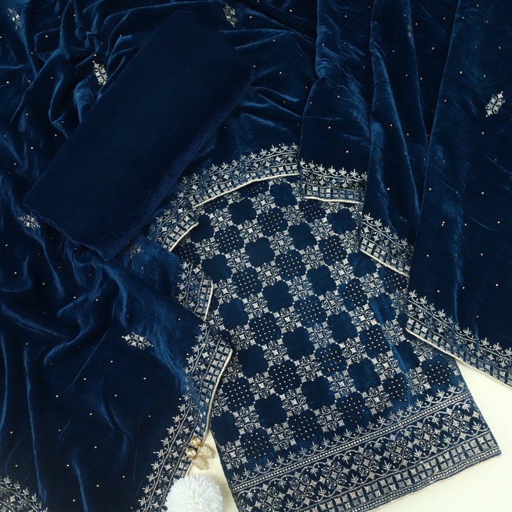 Jheel Royal Blue Swarovski Work with Zari Waved Velvet Suit Set