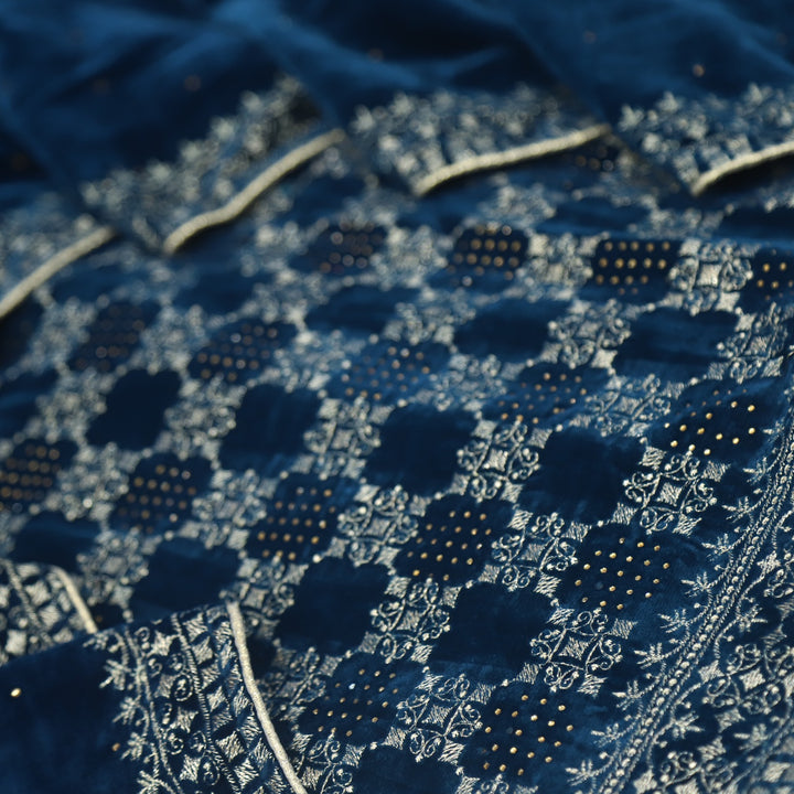 Jheel Royal Blue Swarovski Work with Zari Waved Velvet Suit Set