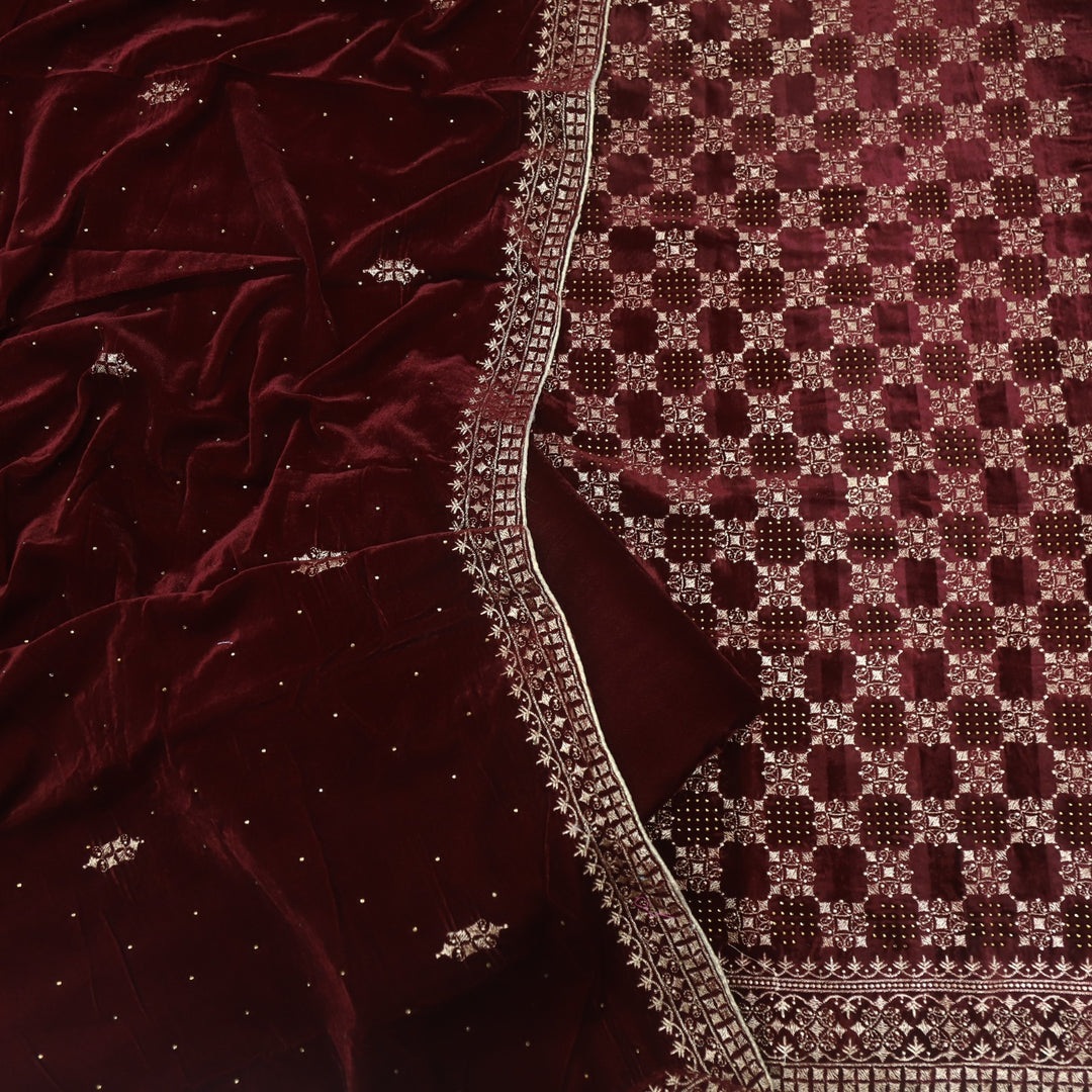 Jheel Blood Maroon Swarovski Work with Zari Waved Velvet Suit Set