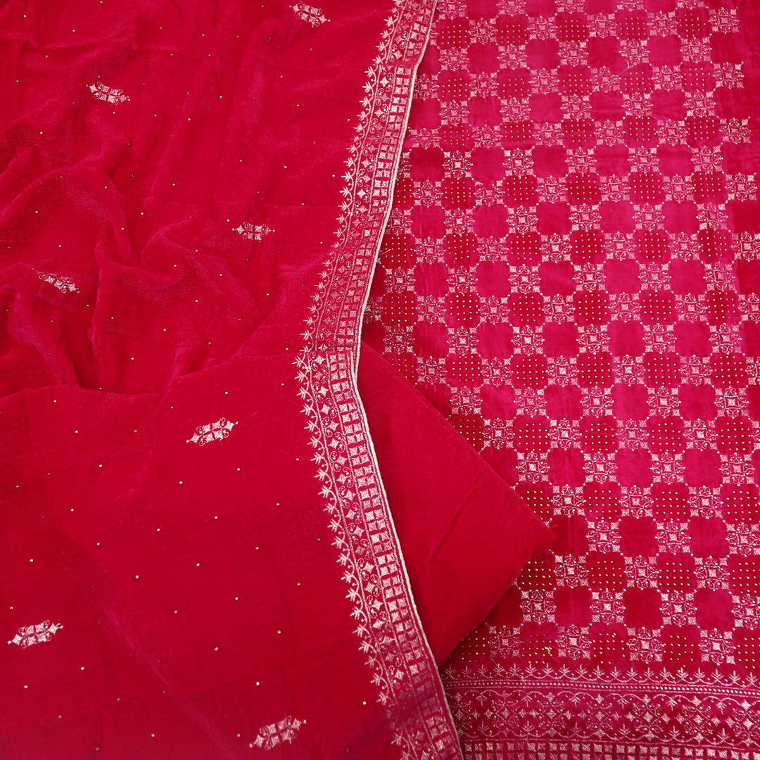 Jheel Rani Pink Swarovski Work with Zari Waved Velvet Suit Set