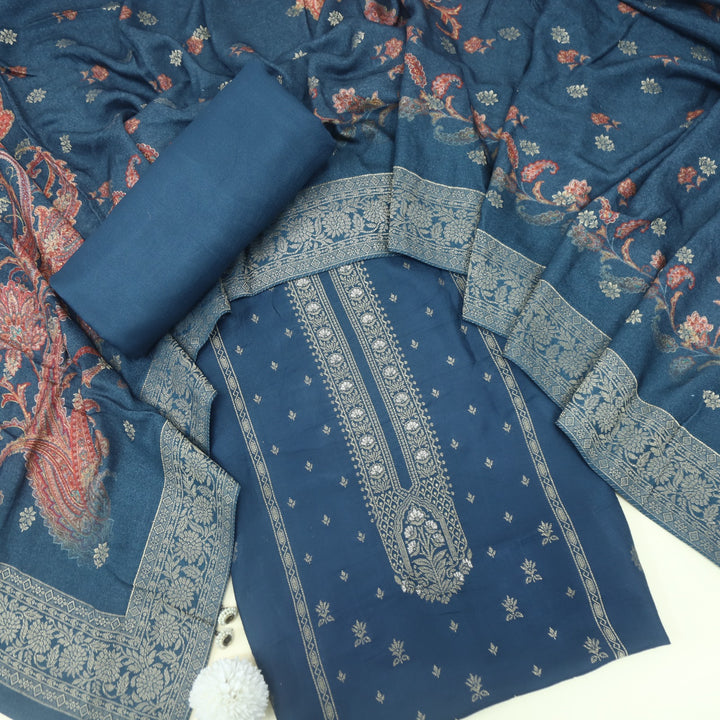 Garj Denim Blue  Semi Pashmina Top with Semi Pashmina Dupatta