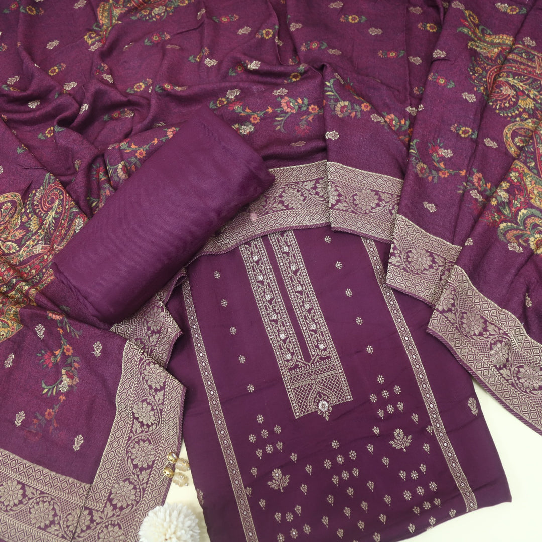 Garj Plum Purple Semi Pashmina Top with Semi Pashmina Dupatta