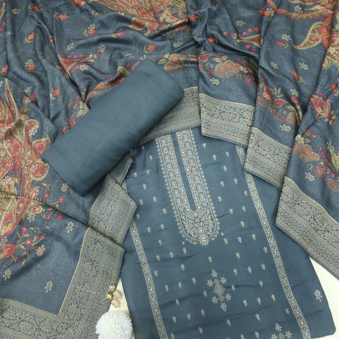 Garj Fossile Grey Semi Pashmina Top with Semi Pashmina Dupatta