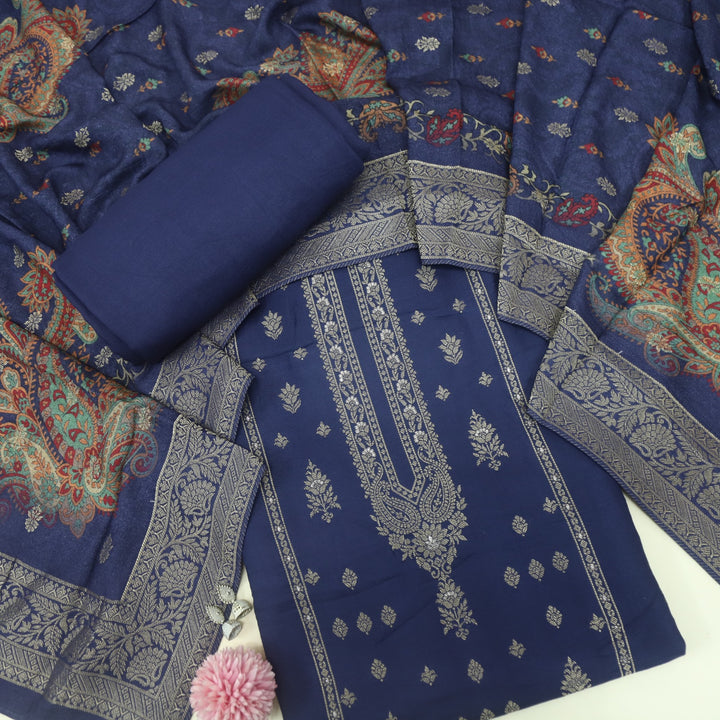 Garj Space Blue Semi Pashmina Top with Semi Pashmina Dupatta