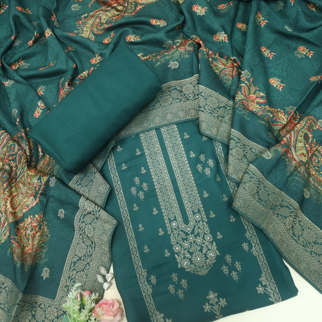 Garj Forest Green Semi Pashmina Top with Semi Pashmina Dupatta