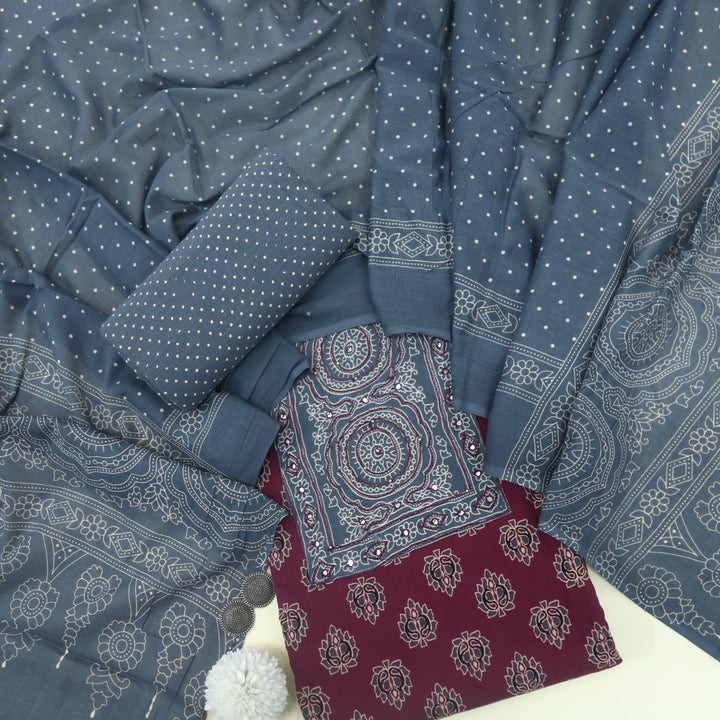 Bayhiss Cherry Maroon Patra Work Ajrak Printed Cotton Suit Set