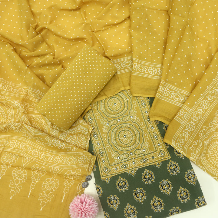 Bayhiss Mahendi Green Patra Work Ajrak Printed Cotton Suit Set