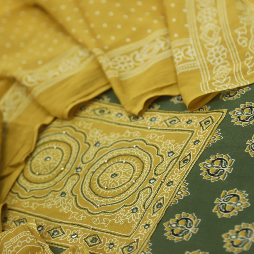 Bayhiss Mahendi Green Patra Work Ajrak Printed Cotton Suit Set