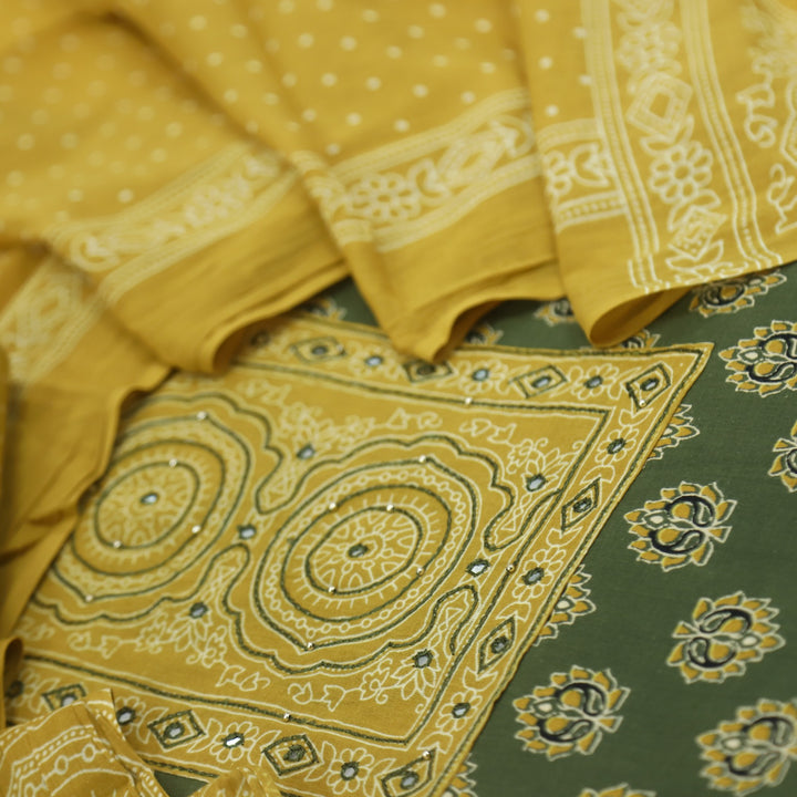 Bayhiss Mahendi Green Patra Work Ajrak Printed Cotton Suit Set