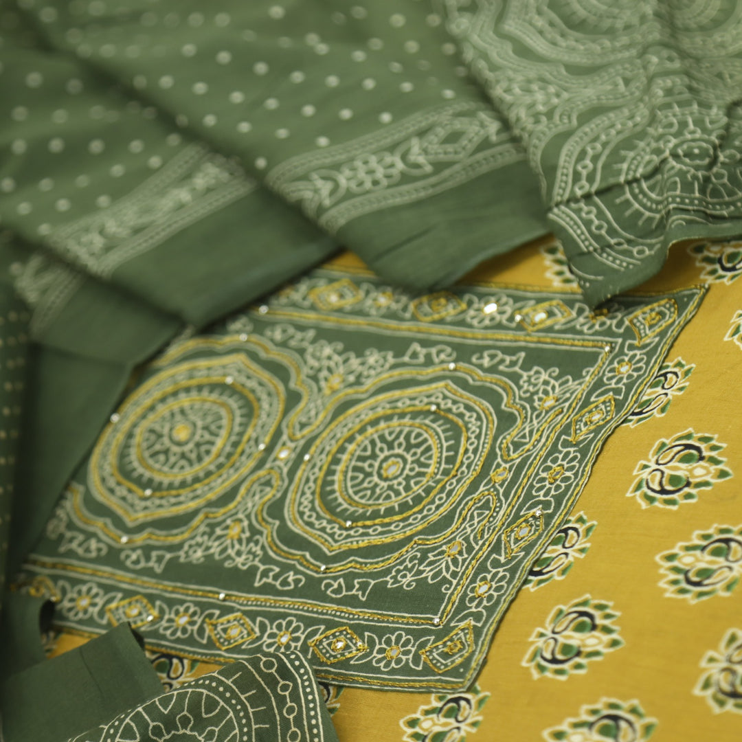 Bayhiss Mustard Yellow Patra Work Ajrak Printed Cotton Suit Set