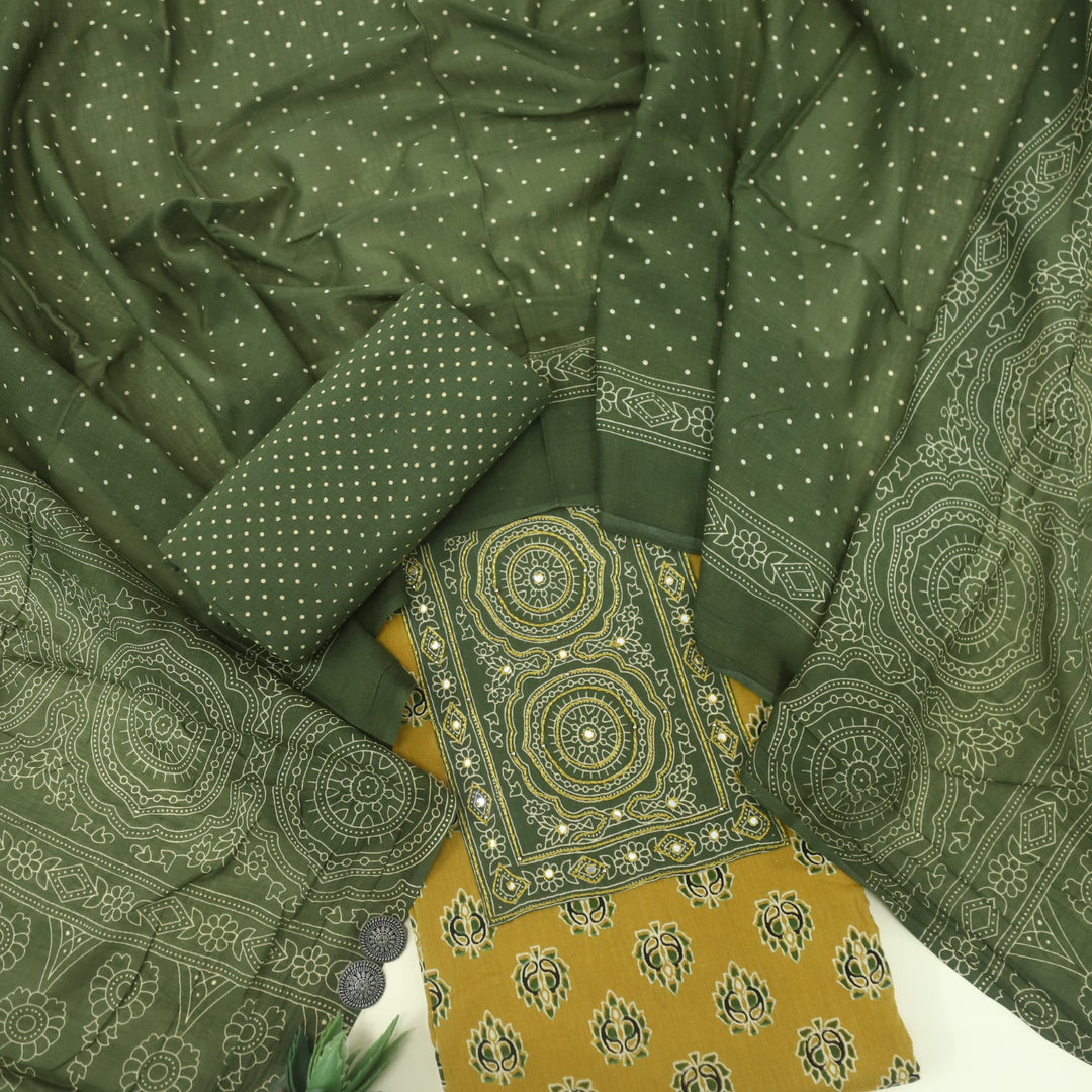 Bayhiss Mustard Yellow Patra Work Ajrak Printed Cotton Suit Set