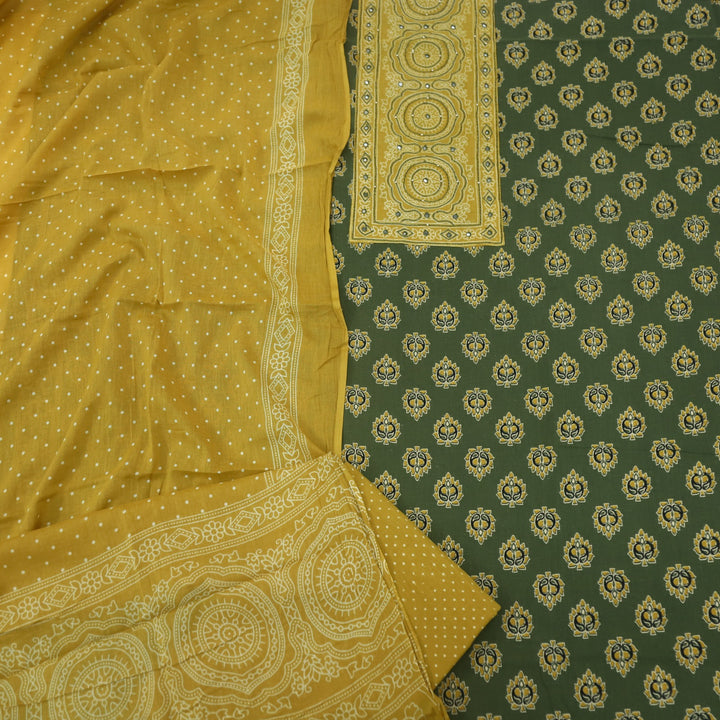 Bayhiss Mahendi Green Patra Work Ajrak Printed Cotton Suit Set