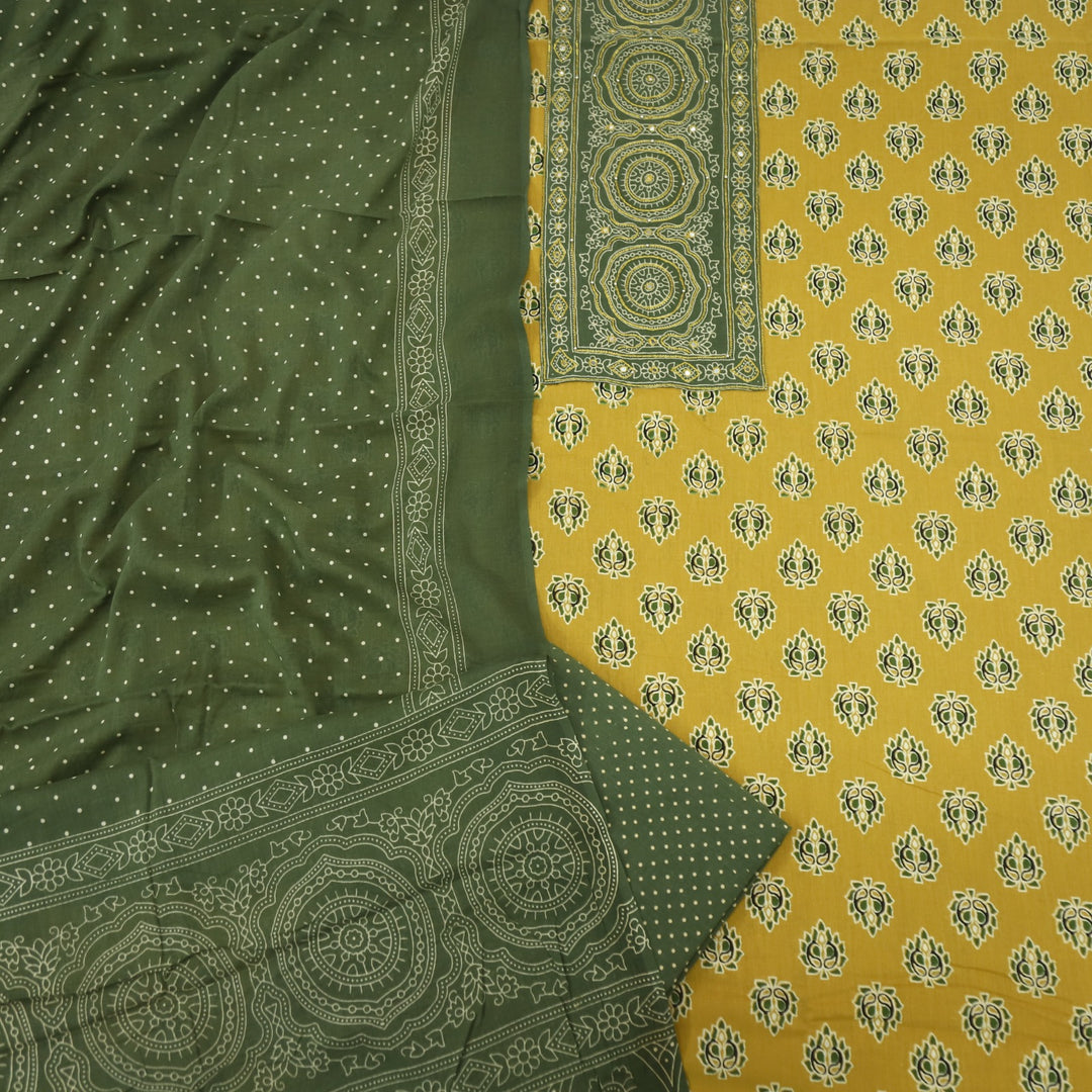Bayhiss Mustard Yellow Patra Work Ajrak Printed Cotton Suit Set