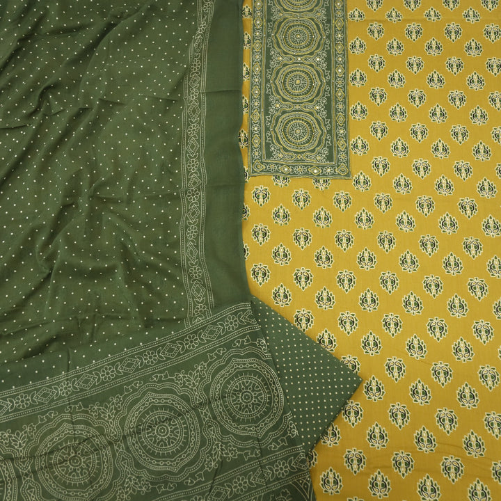 Bayhiss Mustard Yellow Patra Work Ajrak Printed Cotton Suit Set