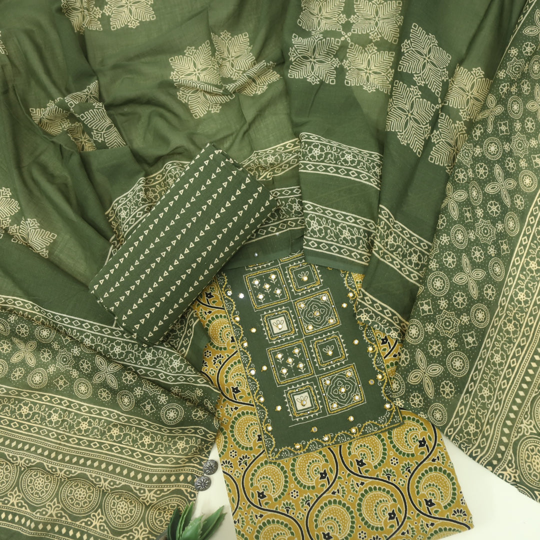 Bayhiss Honey Yellow Patra Work Ajrak Printed Cotton Suit Set