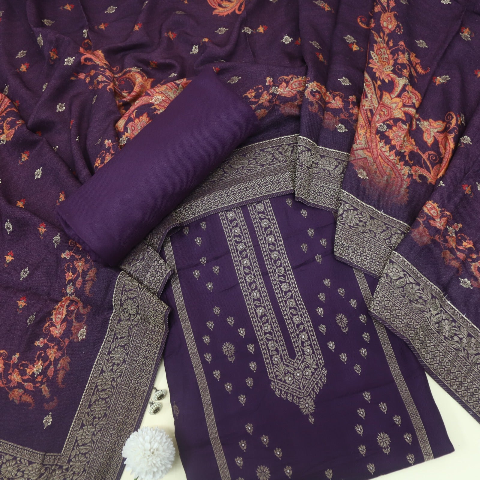 Garj Eggplant Purple Semi Pashmina Top with Semi Pashmina Dupatta ...
