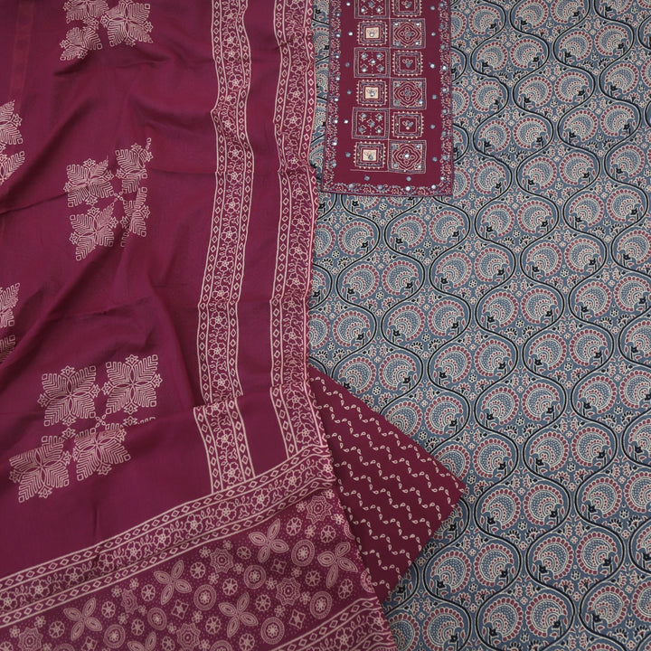 Bayhiss Iron Grey Patra Work Ajrak Printed Cotton Suit Set