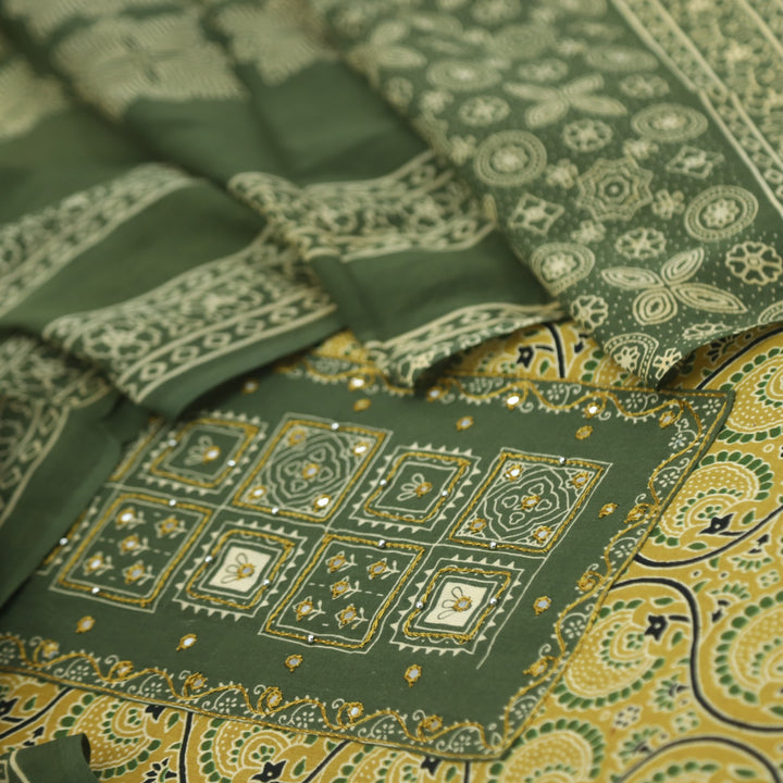 Bayhiss Honey Yellow Patra Work Ajrak Printed Cotton Suit Set