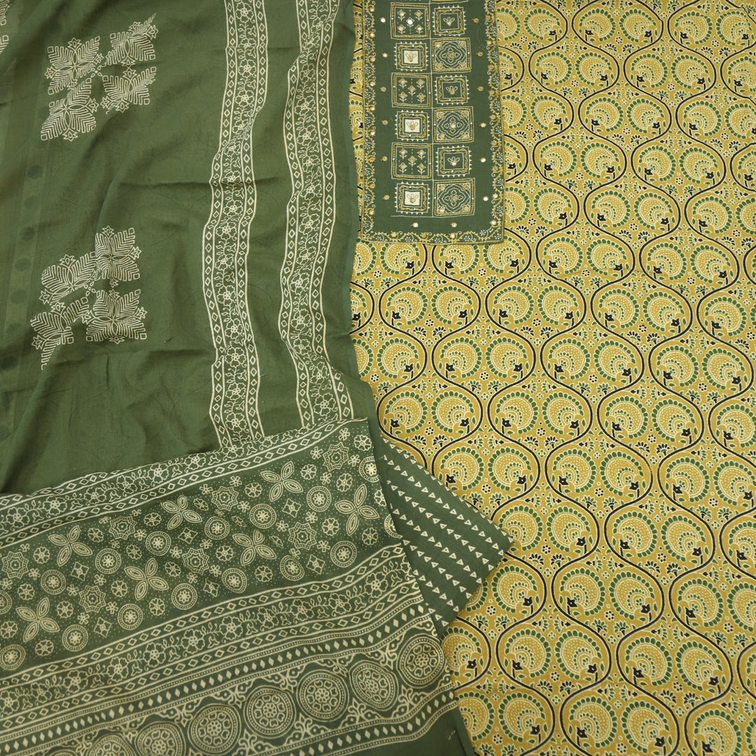 Bayhiss Honey Yellow Patra Work Ajrak Printed Cotton Suit Set