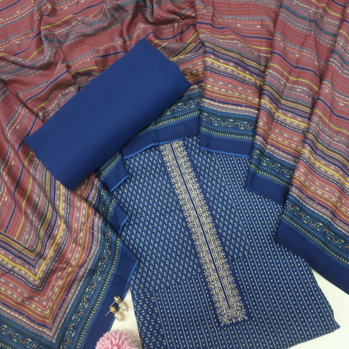 Ghayrat Berry Blue Printed Semi Pashmina Suit Set