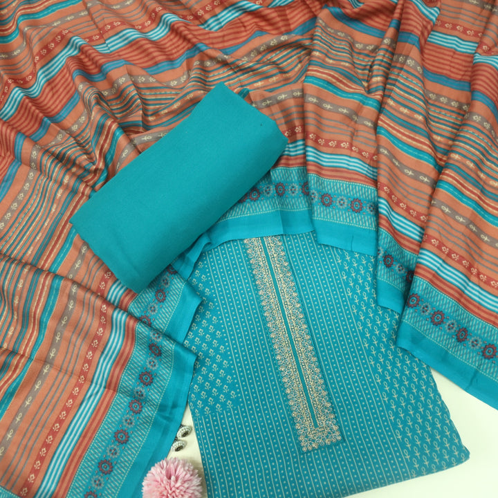 Ghayrat Cerulean Blue Printed Semi Pashmina Suit Set