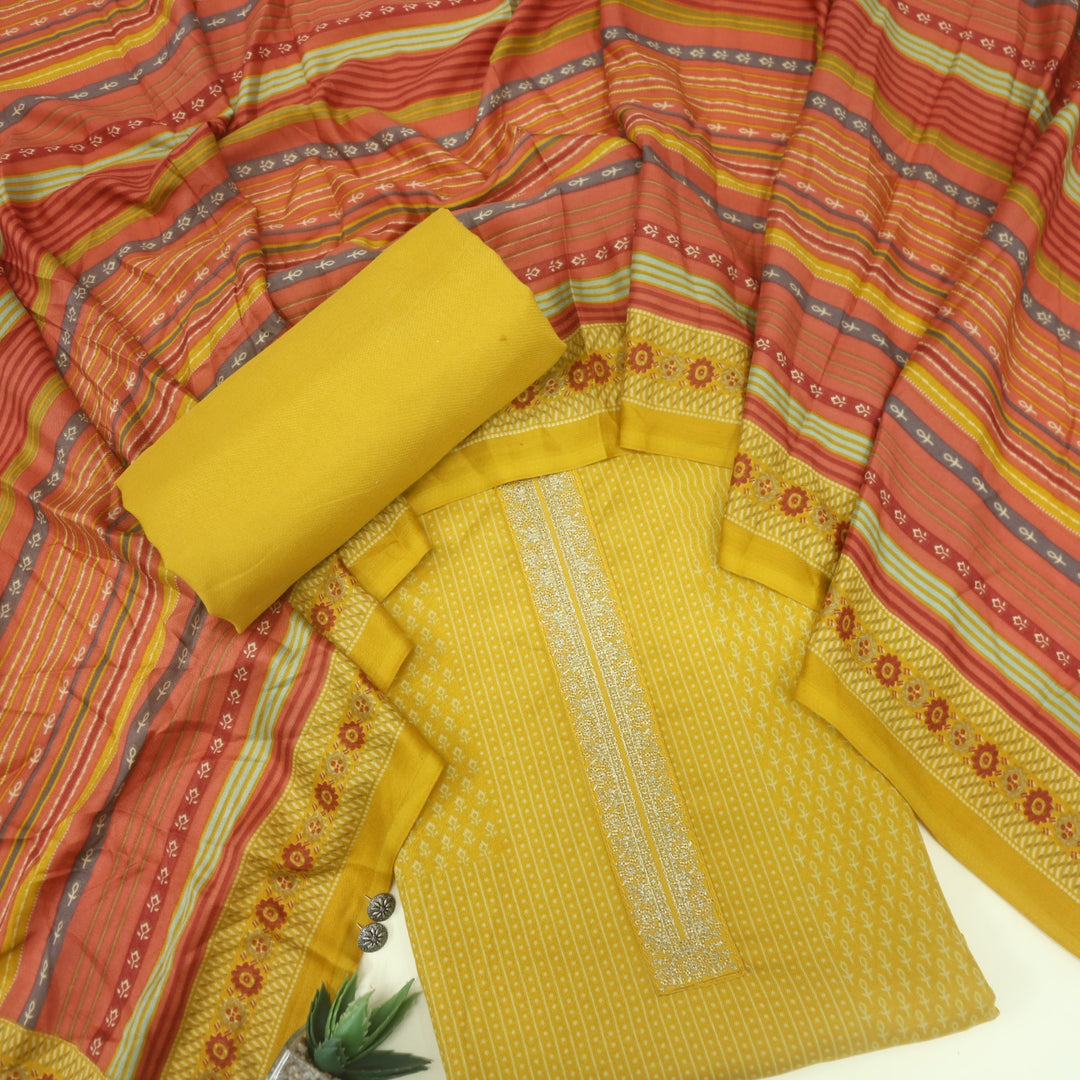 Ghayrat Gold Yellow Printed Semi Pashmina Suit Set