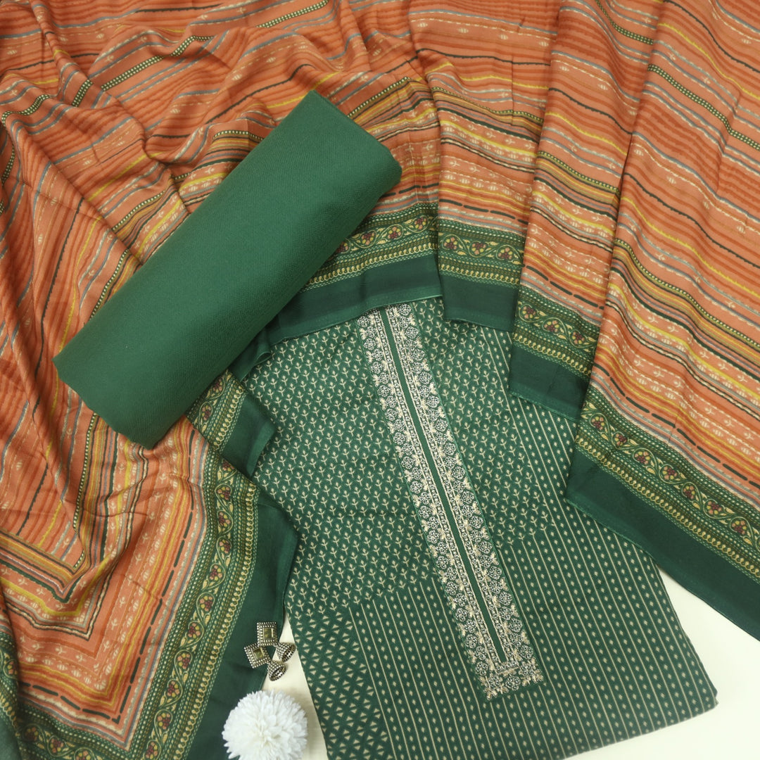 Ghayrat Forest Green Printed Semi Pashmina Suit Set