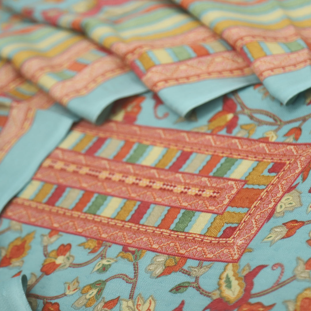 Zameer Sky Blue Floral Printed Semi Pashmina Suit Set