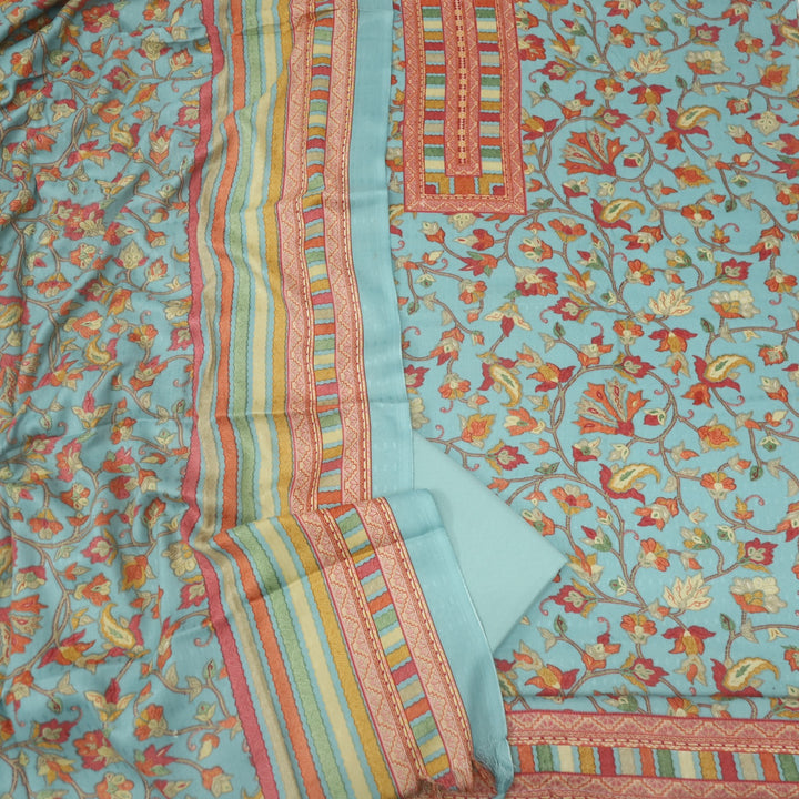 Zameer Sky Blue Floral Printed Semi Pashmina Suit Set