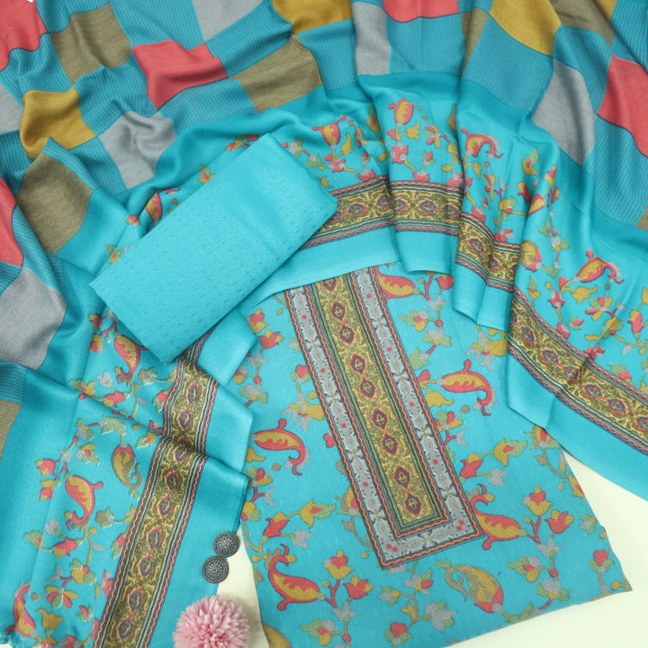 Zameer Turquoise Blue Floral Printed Semi Pashmina Suit Set