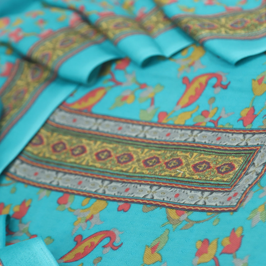 Zameer Turquoise Blue Floral Printed Semi Pashmina Suit Set