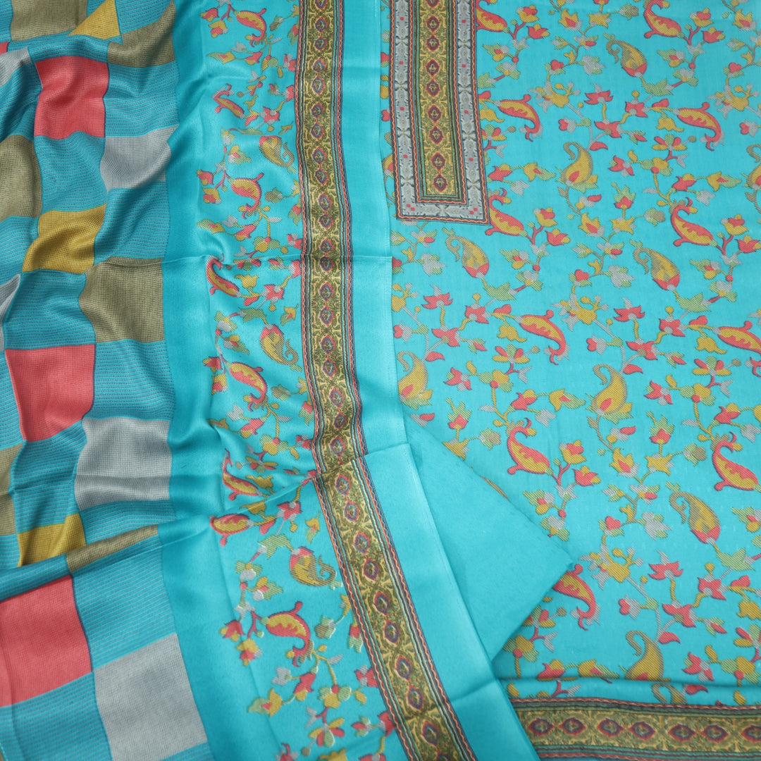 Zameer Turquoise Blue Floral Printed Semi Pashmina Suit Set
