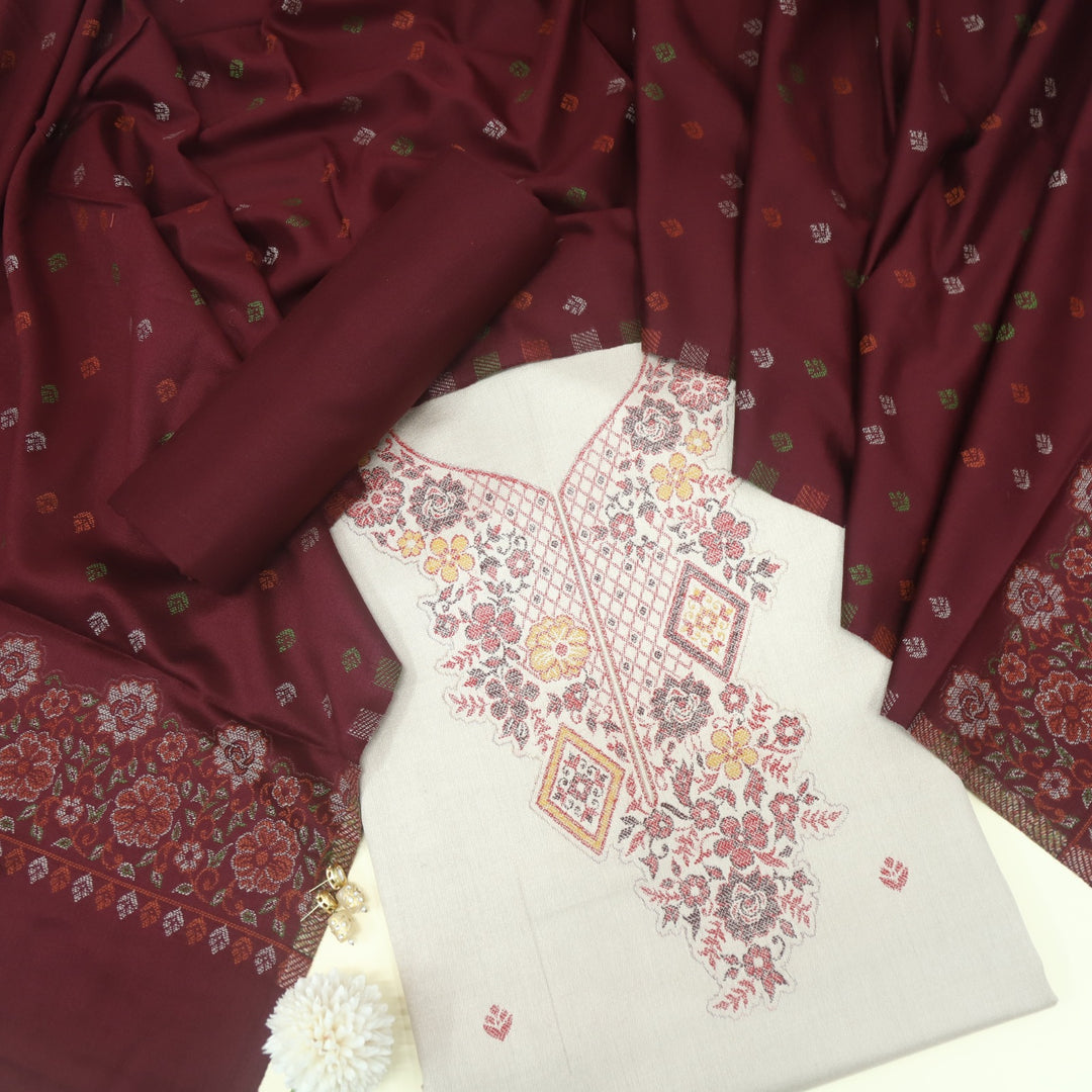Taqdeer Khaki Beige Thread Weaved Neck Semi Pashmina Suit Set