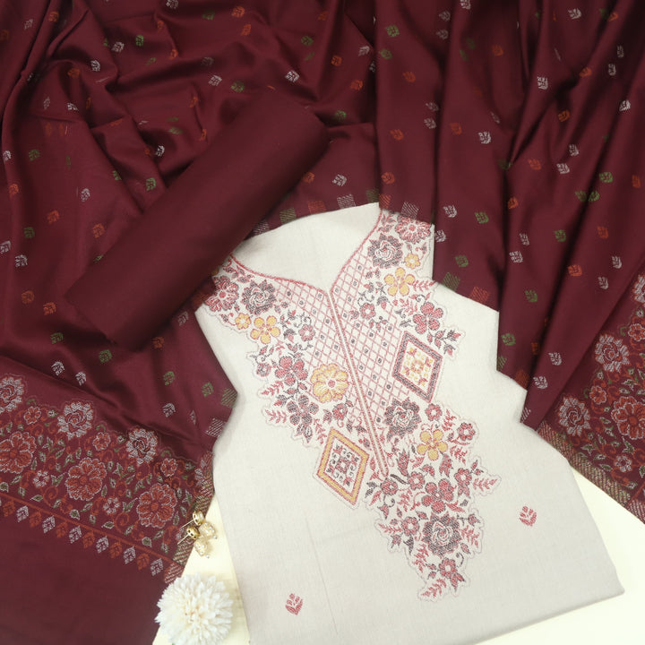 Taqdeer Khaki Beige Thread Weaved Neck Semi Pashmina Suit Set