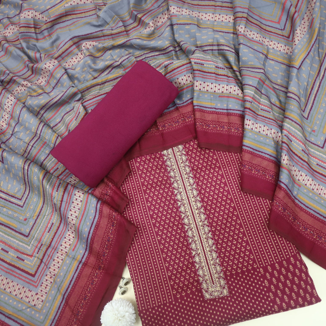Ghayrat Mulberry Purple Printed Semi Pashmina Suit Set