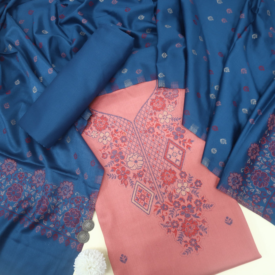 Taqdeer Soft Pink Thread Weaved Neck Semi Pashmina Suit Set