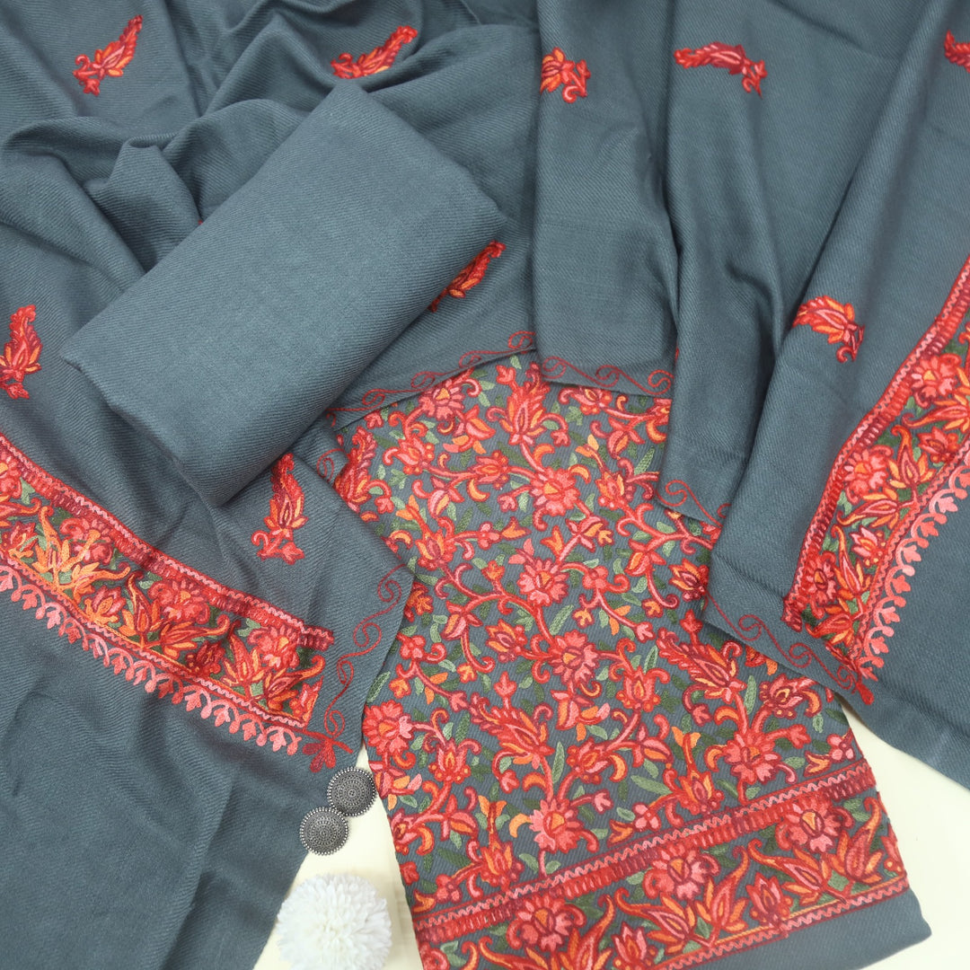 Izhaar Cloud Grey Embroidered Semi Pashmina Suit Set