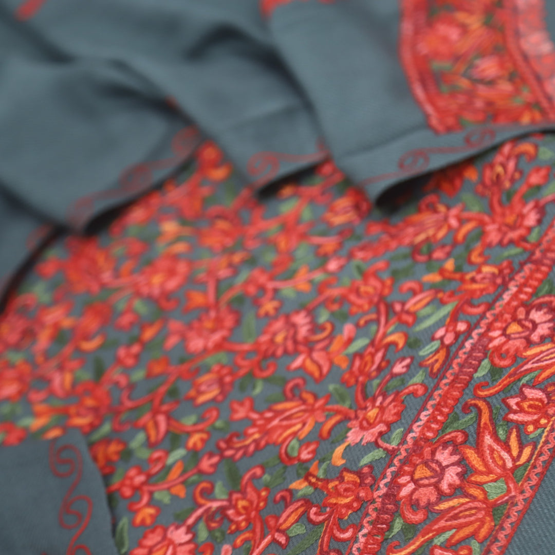 Izhaar Cloud Grey Embroidered Semi Pashmina Suit Set