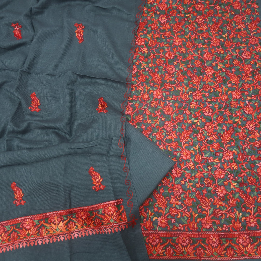 Izhaar Cloud Grey Embroidered Semi Pashmina Suit Set