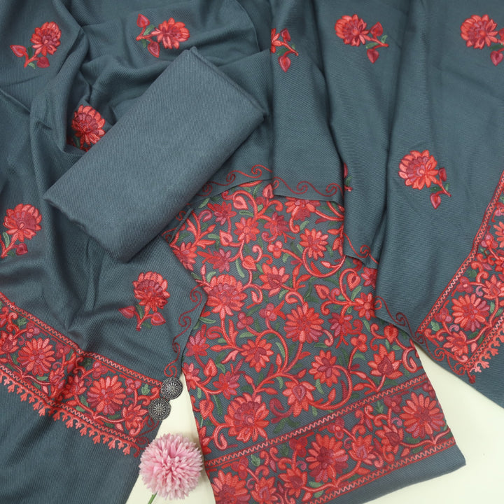 Faqat Cloud Grey Embroidered Semi Pashmina Suit Set