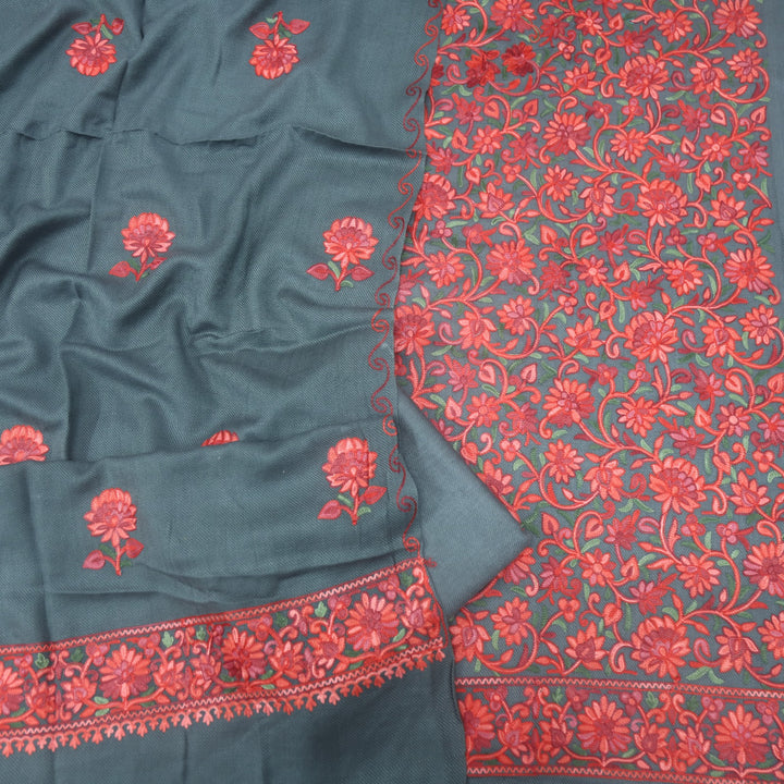 Faqat Cloud Grey Embroidered Semi Pashmina Suit Set