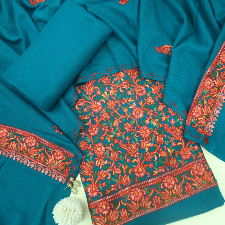 Izhaar Dark Teal Blue Embroidered Semi Pashmina Suit Set