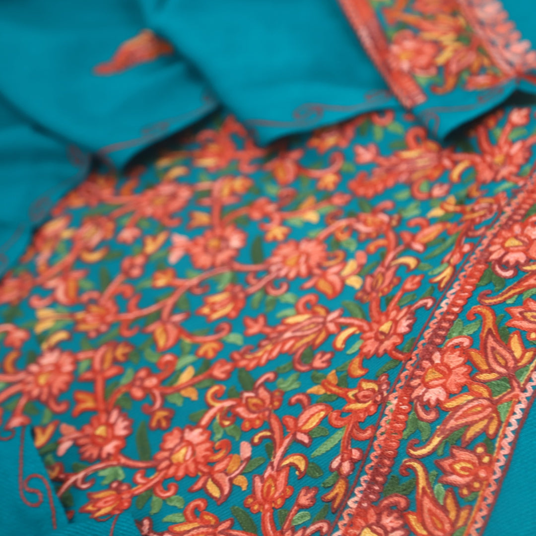 Izhaar Dark Teal Blue Embroidered Semi Pashmina Suit Set