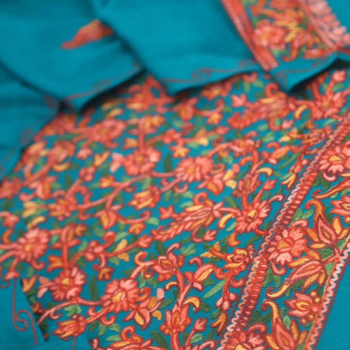 Izhaar Dark Teal Blue Embroidered Semi Pashmina Suit Set